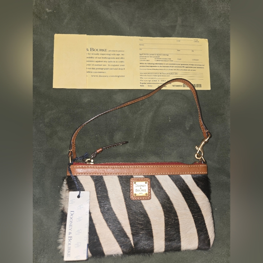 NWT Dooney & Bourke Zebra Calf Hair Stripe Wristlet with Brown Accents